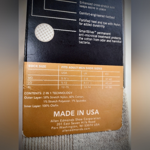 Brand New Men's Allen Edmonds Dress Socks, Size XL (Shoe Size 12-15) - Picture 7 of 7